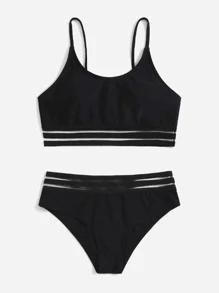 Conjunto de bikini sólido con contraste de malla para niña preadolescente, playa de verano - Negro - Ver 3