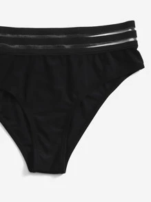Conjunto de bikini sólido con contraste de malla para niña preadolescente, playa de verano - Negro - Ver 4