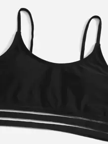Conjunto de bikini sólido con contraste de malla para niña preadolescente, playa de verano - Negro - Ver 5