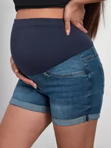 SHEIN 孕婦寬腰帶卷邊牛仔褲 - 中等水洗藍 - 查看 1