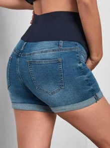 SHEIN 孕婦寬腰帶卷邊牛仔褲 - 中等水洗藍 - 查看 2