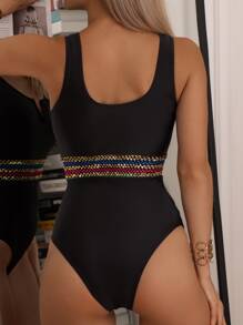 SHEIN Swim Phụ nữ một mảnh màu trơn Gợi cảm - màu đen - Xem 2