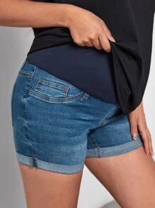 SHEIN 孕婦寬腰帶卷邊牛仔褲 - 中等水洗藍 - 查看 3