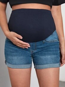 SHEIN 孕婦寬腰帶卷邊牛仔褲 - 中等水洗藍 - 查看 4