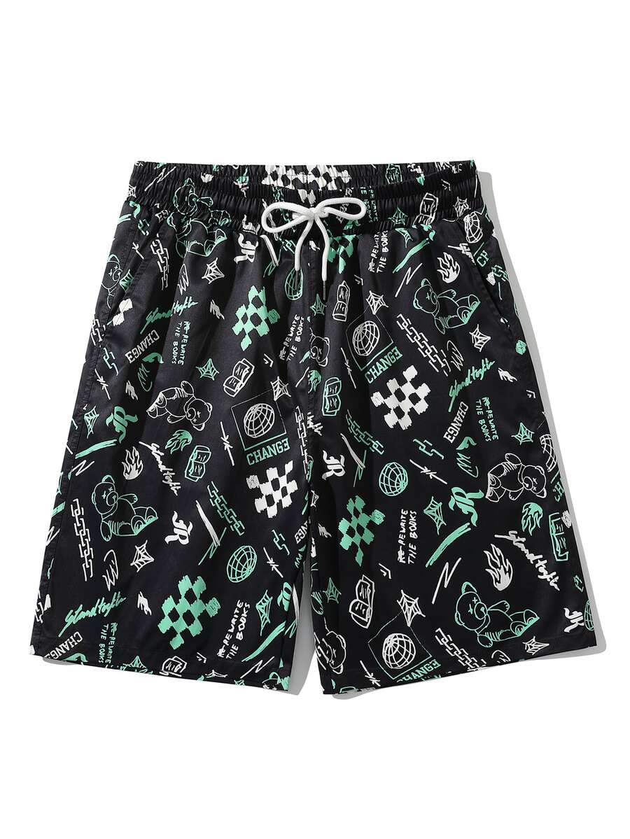 Manfinity Quần Short Nam Dây kéo Tất cả trên in Đường phố - màu đen - Xem 1