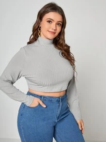 Áo thun Plus size Gân đan màu trơn Giải trí - Màu Xám nhạt - Xem 1