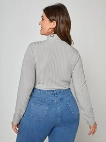 Áo thun Plus size Gân đan màu trơn Giải trí - Màu Xám nhạt - Xem 2
