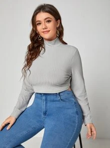 Áo thun Plus size Gân đan màu trơn Giải trí - Màu Xám nhạt - Xem 3