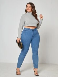 Áo thun Plus size Gân đan màu trơn Giải trí - Màu Xám nhạt - Xem 4