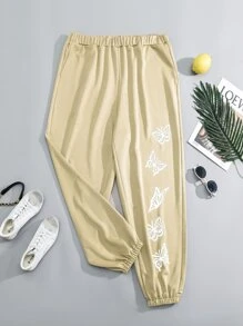 Flirla 大碼蝴蝶圖案彈性腰帶衛褲 - 杏色 - 查看 1