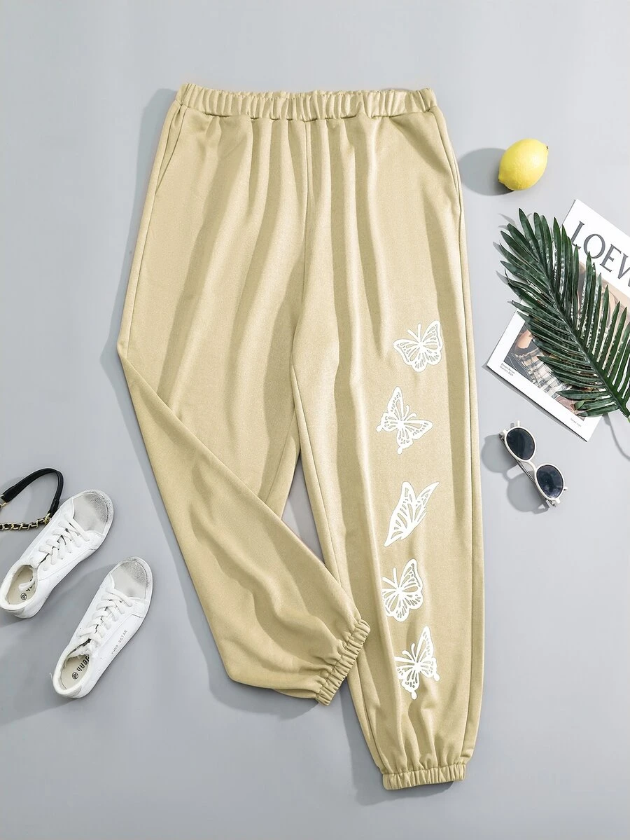 Flirla 大碼蝴蝶圖案彈性腰帶衛褲 - 杏色 - 查看 1