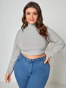 Áo thun Plus size Gân đan màu trơn Giải trí - Màu Xám nhạt - Xem 5