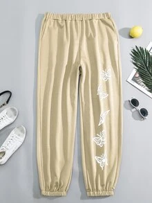 Flirla 大碼蝴蝶圖案彈性腰帶衛褲 - 杏色 - 查看 3