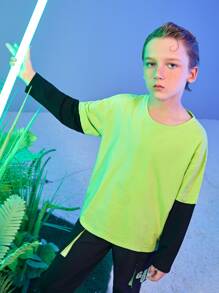 SHEIN Boys Neon Green Colourblock Tee - Lime Green - View 2