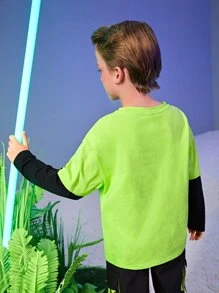 SHEIN Boys Neon Green Colourblock Tee - Lime Green - View 3