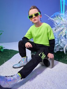 SHEIN Boys Neon Green Colourblock Tee - Lime Green - View 4