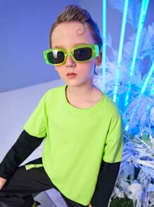 SHEIN Boys Neon Green Colourblock Tee - Lime Green - View 10