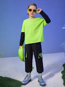 SHEIN Boys Neon Green Colourblock Tee - Lime Green - View 5