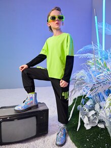 SHEIN Boys Neon Green Colourblock Tee - Lime Green - View 6