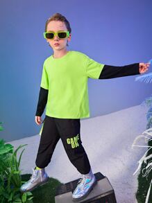 SHEIN Boys Neon Green Colourblock Tee - Lime Green - View 7