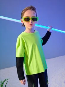 SHEIN Boys Neon Green Colourblock Tee - Lime Green - View 8