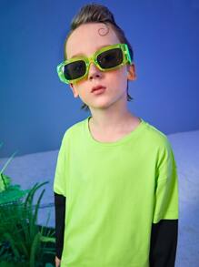 SHEIN Boys Neon Green Colourblock Tee - Lime Green - View 9