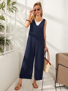 EMERY ROSE Solid Dual Pocket Culottes Jumpsuit - Navy Blue - View 1