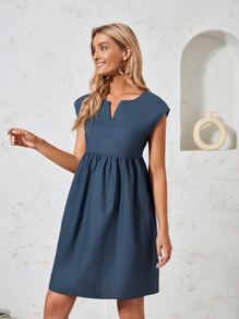 EMERY ROSE Solid Notched Neckline Dress - Dusty Blue - View 1