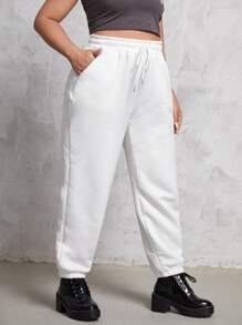 SHEIN EZwear 大碼腰部抽繩斜口袋衛褲 - 白色 - 查看 1