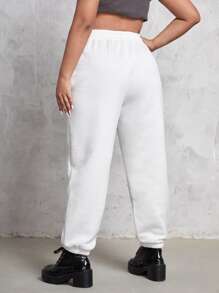 SHEIN EZwear 大碼腰部抽繩斜口袋衛褲 - 白色 - 查看 2