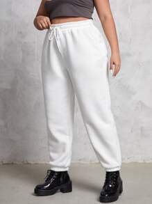 SHEIN EZwear 大碼腰部抽繩斜口袋衛褲 - 白色 - 查看 3