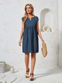 EMERY ROSE Solid Notched Neckline Dress - Dusty Blue - View 3