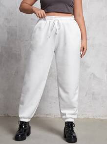 SHEIN EZwear 大碼腰部抽繩斜口袋衛褲 - 白色 - 查看 4