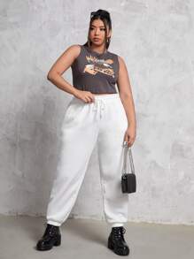 SHEIN EZwear 大碼腰部抽繩斜口袋衛褲 - 白色 - 查看 5