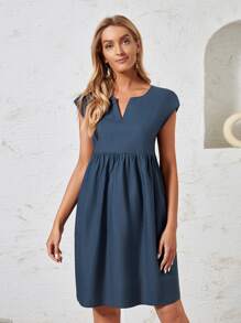 EMERY ROSE Solid Notched Neckline Dress - Dusty Blue - View 5