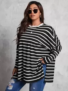 SHEIN LUNE Plus Striped Print Dolman Sleeve Split Hem Tee