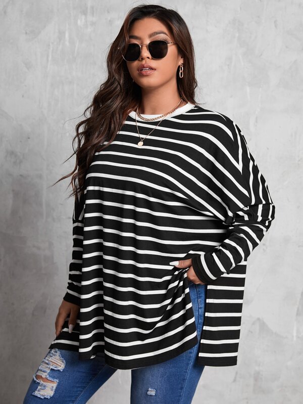 SHEIN LUNE Plus Striped Print Dolman Sleeve Split Hem Tee Fall