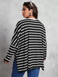 SHEIN LUNE Plus Striped Print Dolman Sleeve Split Hem Tee