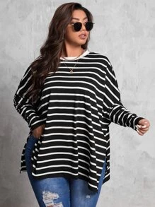 SHEIN LUNE Plus Striped Print Dolman Sleeve Split Hem Tee