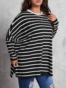 SHEIN LUNE Plus Striped Print Dolman Sleeve Split Hem Tee