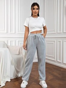 INAWLY Drawstring Waist Slant Pocket Joggers - Light Grey - View 6