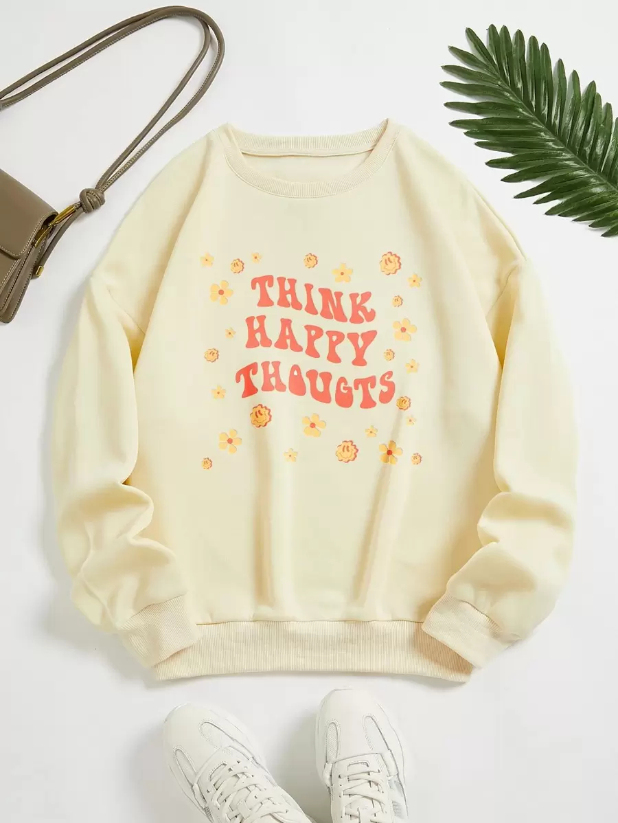 Slogan & Cartoon Face Print Thermal Lined Sweatshirt - Apricot - View 1
