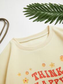 Slogan & Cartoon Face Print Thermal Lined Sweatshirt - Apricot - View 6