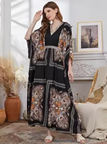 Al Najma Paisley And Scarf Print Dolman Sleeve Belted Dress - Multicolor - View 1