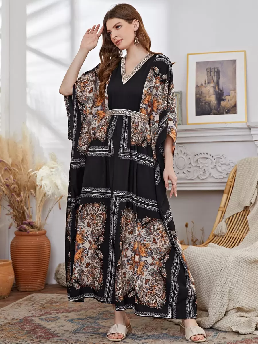 Al Najma Paisley And Scarf Print Dolman Sleeve Belted Dress - Multicolor - View 1