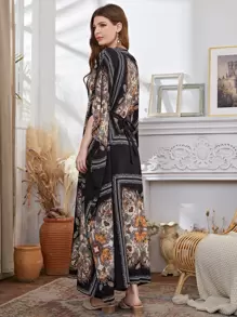 Al Najma Paisley And Scarf Print Dolman Sleeve Belted Dress - Multicolor - View 2