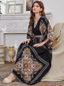 Al Najma Paisley And Scarf Print Dolman Sleeve Belted Dress - Multicolor - View 3