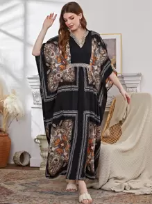 Al Najma Paisley And Scarf Print Dolman Sleeve Belted Dress - Multicolor - View 5