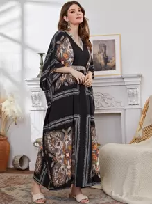 Al Najma Paisley And Scarf Print Dolman Sleeve Belted Dress - Multicolor - View 6