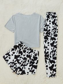 Letter And Cow Pattern Tee & Cow Print Shorts & Trousers PJ Set - Multicolor - View 2